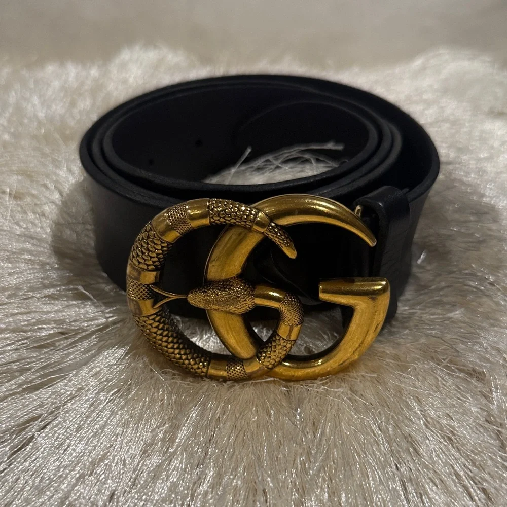 Black Leather Belt with Gold Buckle - Picture 3 of 8